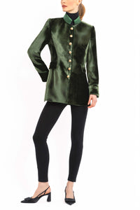 Long blazer in olive-green silk velvet