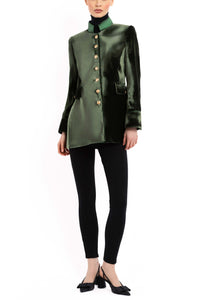 Long blazer in olive-green silk velvet