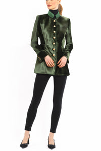 Long blazer in olive-green silk velvet
