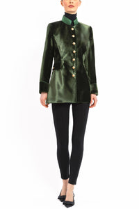 Long blazer in olive-green silk velvet