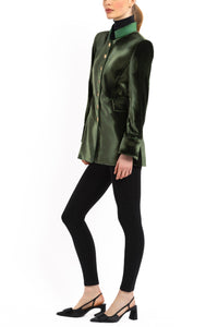 Long blazer in olive-green silk velvet