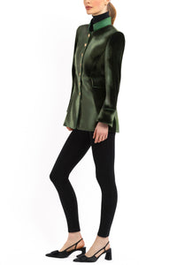 Long blazer in olive-green silk velvet