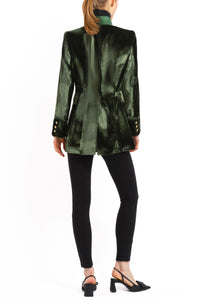 Long blazer in olive-green silk velvet