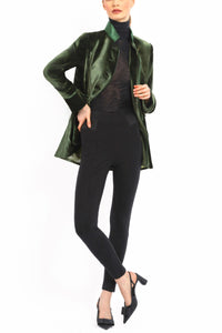 Long blazer in olive-green silk velvet
