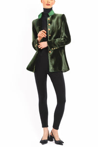 Long blazer in olive-green silk velvet