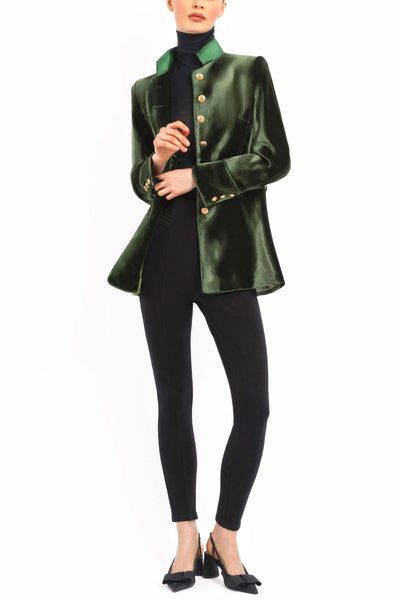 Long blazer in olive-green silk velvet