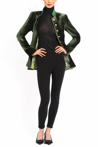 Long blazer in olive-green silk velvet