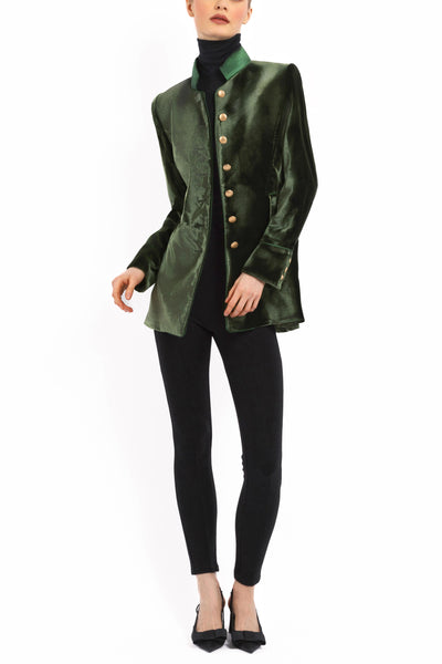 Long blazer in olive-green silk velvet