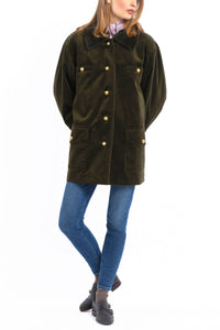 Short Coat in olive cashmere corduroy with an olive-green rex rabbit collar