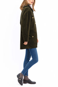 Short Coat in olive cashmere corduroy with an olive-green rex rabbit collar