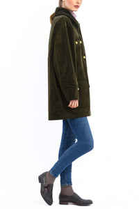 Short Coat in olive cashmere corduroy with an olive-green rex rabbit collar