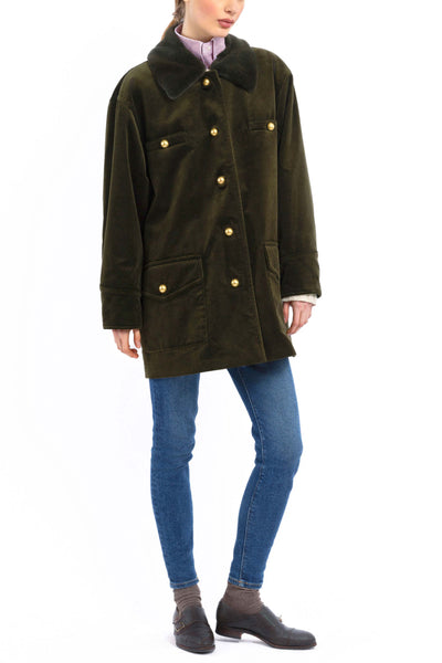 Short Coat in olive cashmere corduroy with an olive-green rex rabbit collar