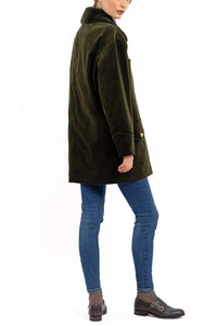Short Coat in olive cashmere corduroy with an olive-green rex rabbit collar