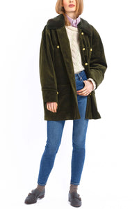 Short Coat in olive cashmere corduroy with an olive-green rex rabbit collar