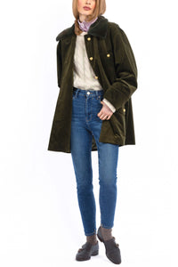 Short Coat in olive cashmere corduroy with an olive-green rex rabbit collar