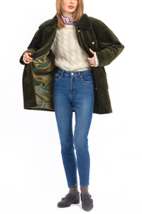 Short Coat in olive cashmere corduroy with an olive-green rex rabbit collar