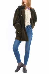 Short Coat in olive cashmere corduroy with an olive-green rex rabbit collar