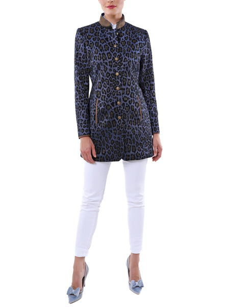 Langblazer aus gestricktem Leoparden-Jacquard in blau