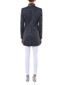 Langblazer aus gestricktem Leoparden-Jacquard in blau