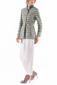 Lange Jacke aus sommerlichem Tweed in Creme und Gold und Royalblau