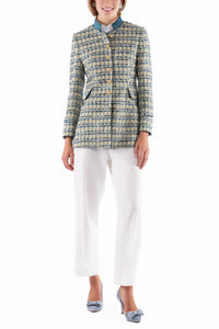 Lange Jacke aus sommerlichem Tweed in Creme und Gold und Royalblau
