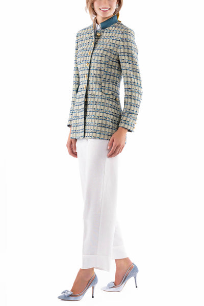 Lange Jacke aus sommerlichem Tweed in Creme und Gold und Royalblau