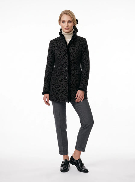 Long blazer in brown wool with a black velvet leopard pattern
