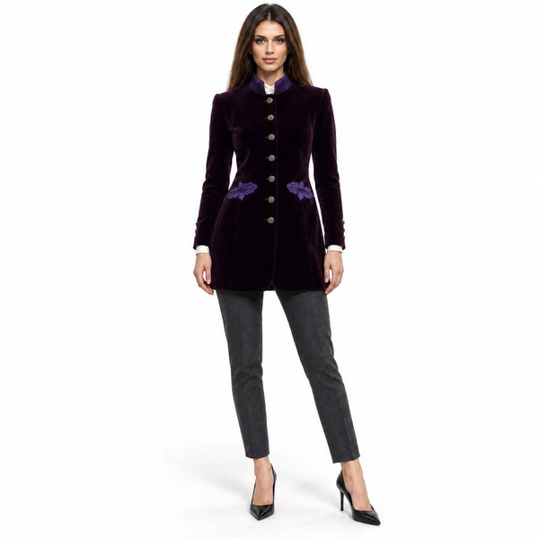 Long blazer from aubergine coloured velvet and silk