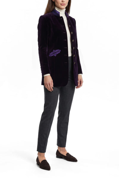 Long blazer from aubergine coloured velvet and silk