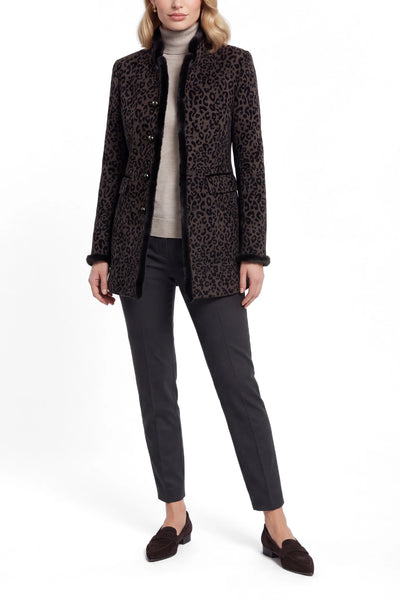Long blazer in brown wool with a black velvet leopard pattern