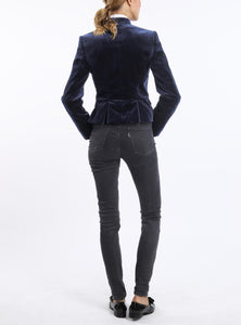 Short peplum blazer from Italian cotton-velvet in midnight blue